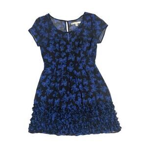Lauren Conrad Black Pleated Ruffle Hem Dress Blue Bow Print Size 10 Cap Sleeves